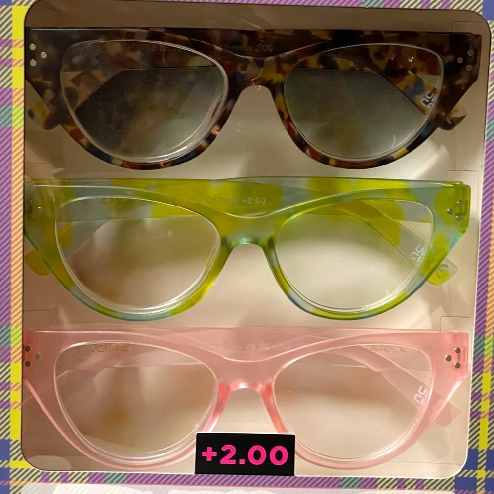 Betsey Johnson +2.00 Reading Glasses Readers 3 Pack Set Pink Green Multicolor - Picture 2 of 9